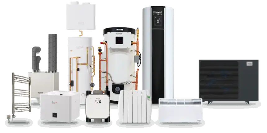 The EcoVolt range together: ventilation units, heat pumps, hot water cylinders and electric radiators